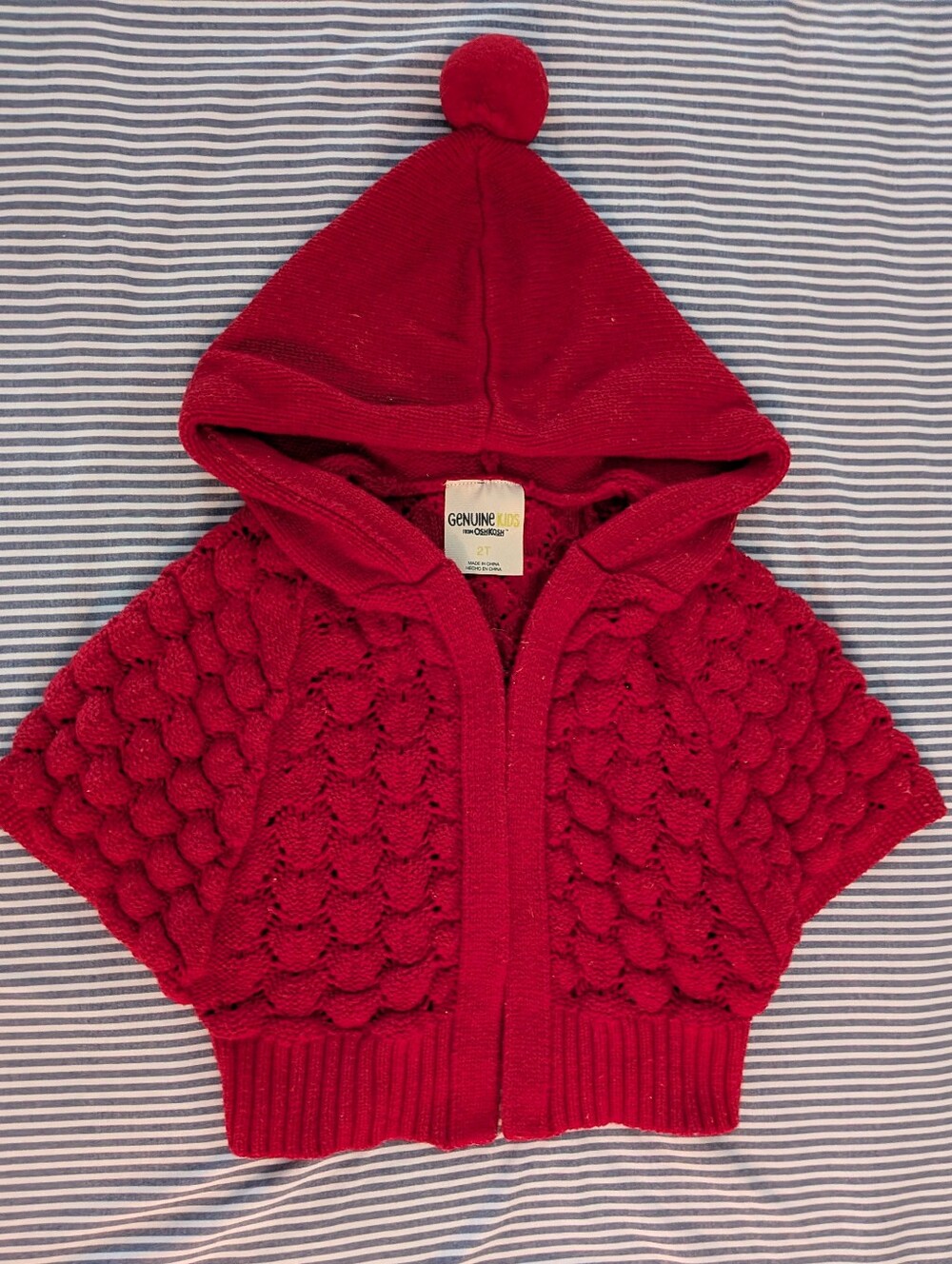 Genuine Kids Oshkosh Red Hooded Knit Sweater Capelet Cape/Cardigan with Pompom - Picture 2 of 3